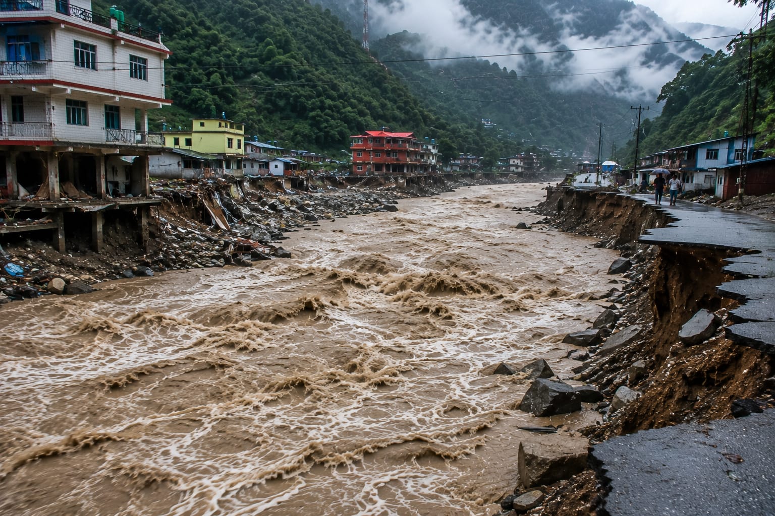 Route et rivière en crue après les inondations au Népal