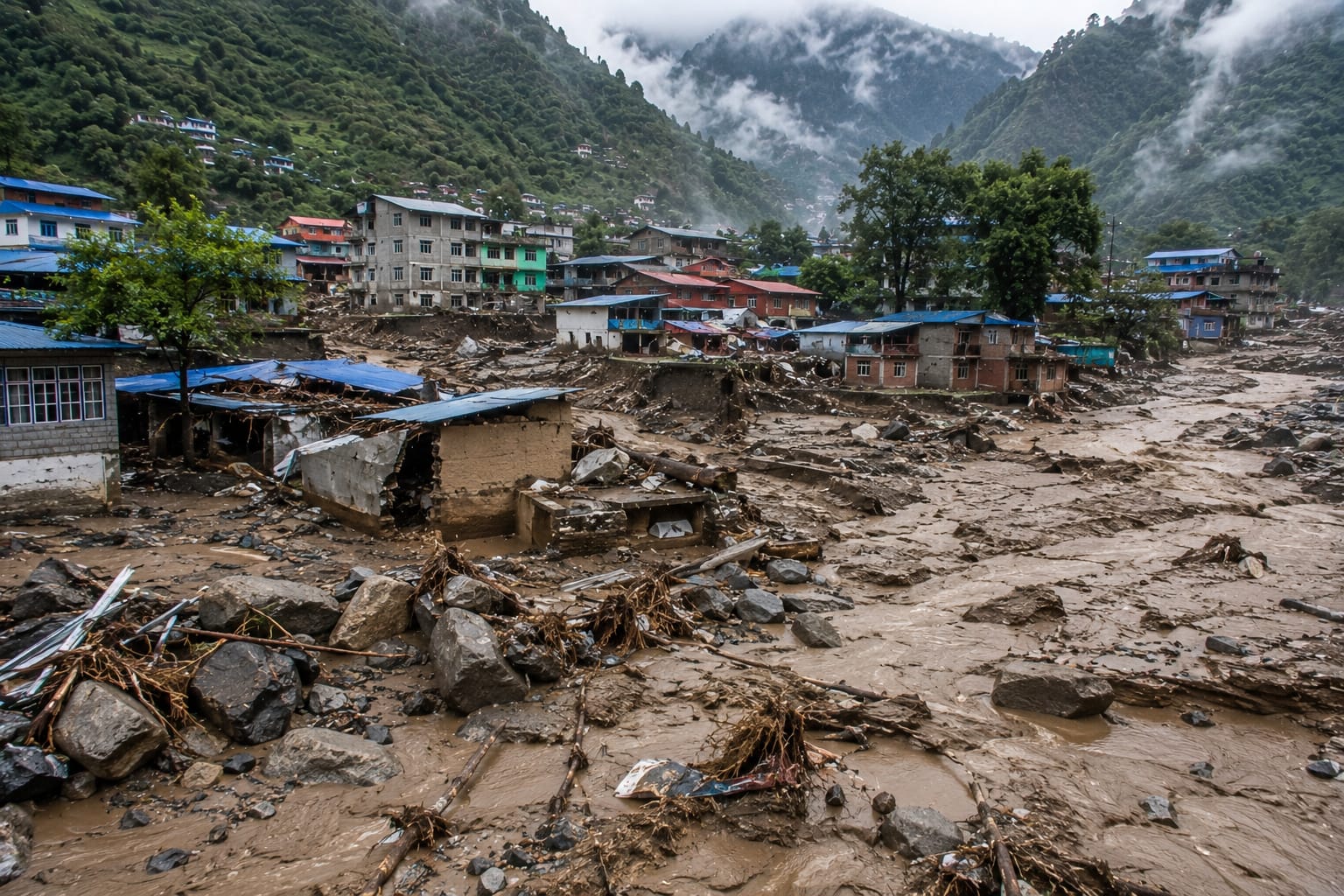 Habitations endommagées par les inondations au Népal